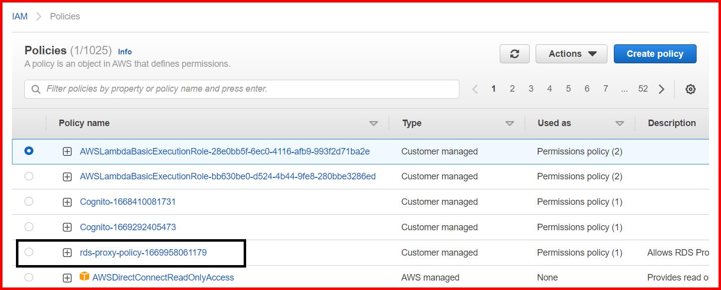 Picture showing the role created in RDS proxy